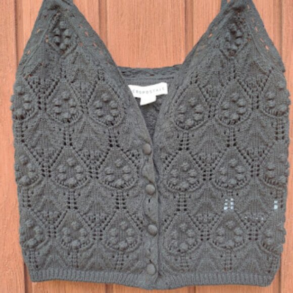 AEROPOSTALE | Black Crochet Spaghetti Strap Button Up Crop Knit Boho Cami Top XS - Picture 3 of 10